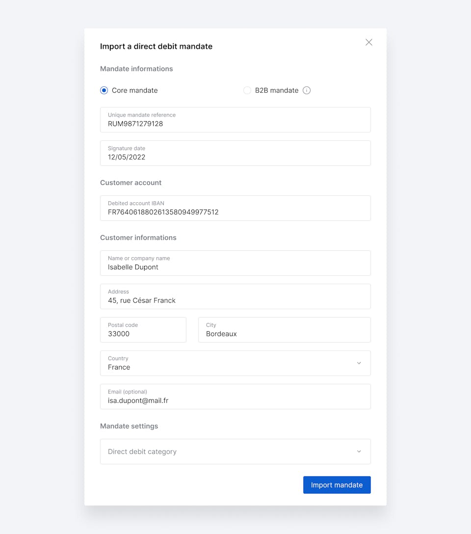 The interface allowing users to import SEPA mandates.